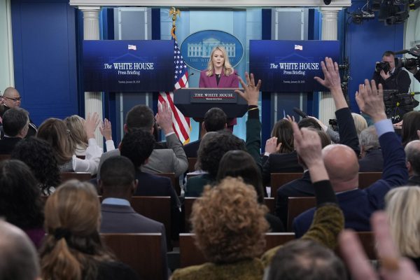 White House press secretary Karoline Leavitt speaks with reporters in the James Brady Press Briefing Room at the White House, Tuesday, Jan. 28, 2025, in Washington. (AP Photo/Alex Brandon)