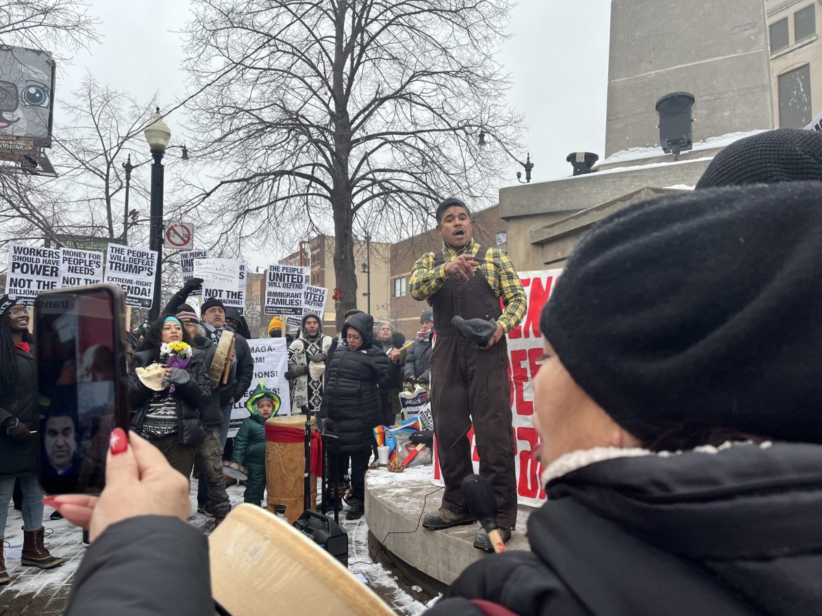 Juan Raya serenades the protestors at Plaza Tenochtitlán on January 12, 2025. Protestors sang, danced and chanted as they raised awareness about the amendment to the Welcoming City Ordinance.