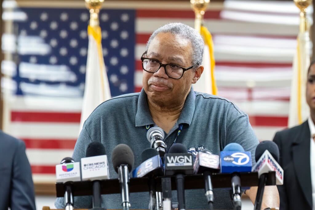 Dorval Carter Jr. President of the Chicago Transit Authority speaks to reporters at the Forest Park Village Hall over the shooting death of four people on a Chicago-area transit Blue Line train yesterday morning, Tuesday, Sept. 3, 2024, in Forest Park, Ill. (Tyler Pasciak LaRiviere/Chicago Sun-Times via AP)