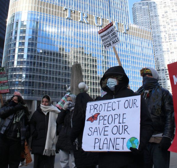 Protesters gather outside Trump Tower in the Loop to demonstrate against the inauguration of President Trump on Monday, Jan. 20, 2025. DePaul public safety are instructed to not ask students about immigration status.
