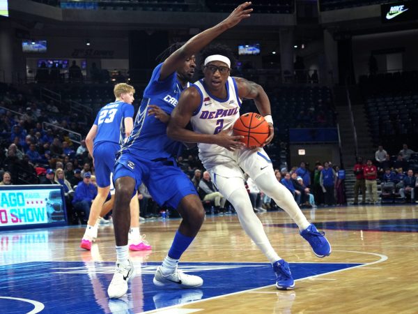 Layden Blocker guards the ball during the DePaul Men's Basketball game against Creighton on Tuesday, Jan. 21, 2025. DePaul currently has a record of 1-7 against Big East opponents.