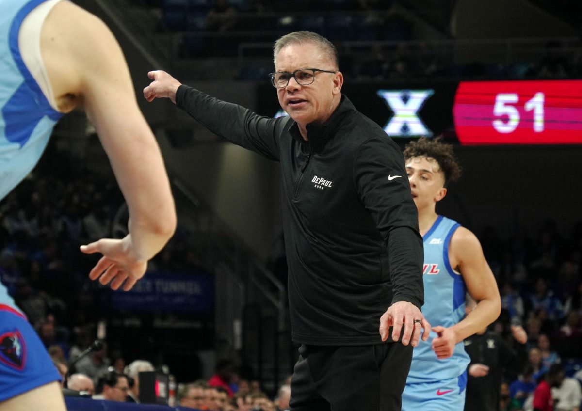 Chris Holtmann directs his players during their game on Saturday, Jan. 11, 2025, at Wintrust Arena. DePaul lost to Xavier, 77-63. 