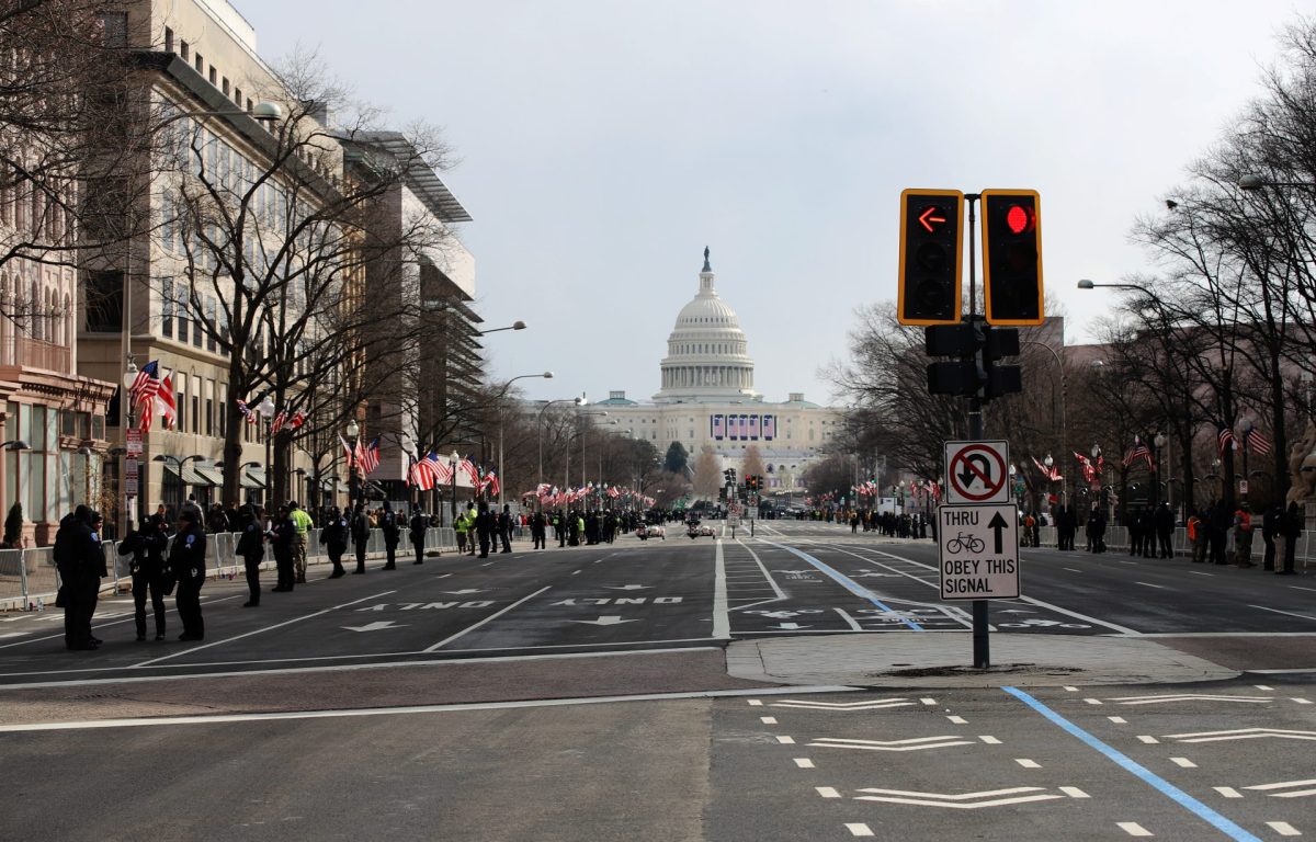 Supporters and security gather in the wake of the inauguration parade in Washington, D.C. on Monday, Jan. 20, 2025. The motorcade processed through to the Capitol after. 