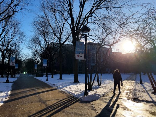 A DePaul student walks through a snowy, empty Quad on Tuesday, Jan. 14, 2025. With the cold temperatures, it's rare to see students spending time in the Quad, a spot usually filled with students and events in warmer weather.