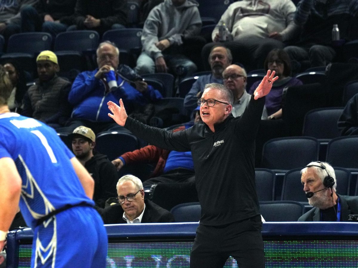 Chris Holtmann shouts from the bench during the first half on Tuesday, Jan. 21, 2025. Holtmann coached the men’s basketball team at Ohio State for seven years before coming to DePaul.