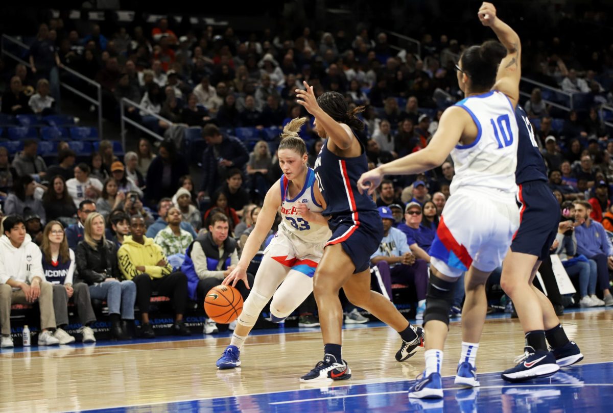 Jorie Allen fights to get the ball to the basket during DePaul's game against UConn on Wednesday, Jan. 29, 2025, at Wintrust Arena. Allen set a career-high scoring 34 points and was a perfect 12-12 from the free-throw line during her last game.