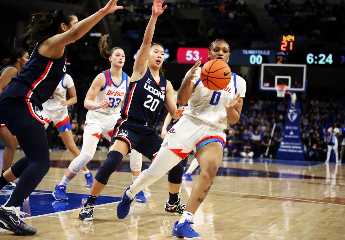 Taylor Johnson-Matthews catches a pass during the second half of DePaul's game against UConn on Wednesday, Jan. 29, 2025, at Wintrust Arena. Johnson-Matthews scored 19 points. 