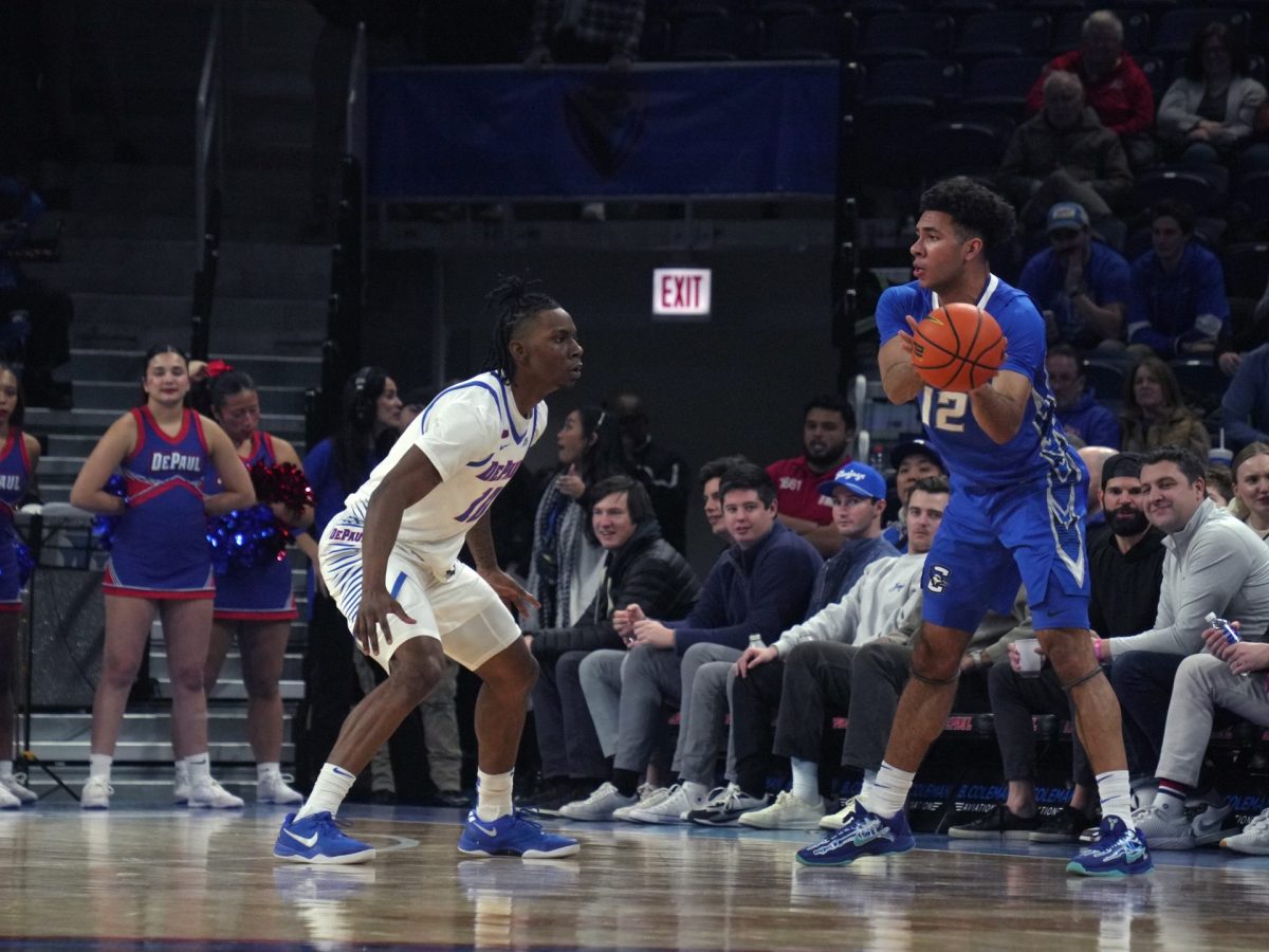 Shane Thomas guards the ball against DePaul on Tuesday, Jan. 21, 2025. Creighton held a steady lead against DePaul through much of the game.