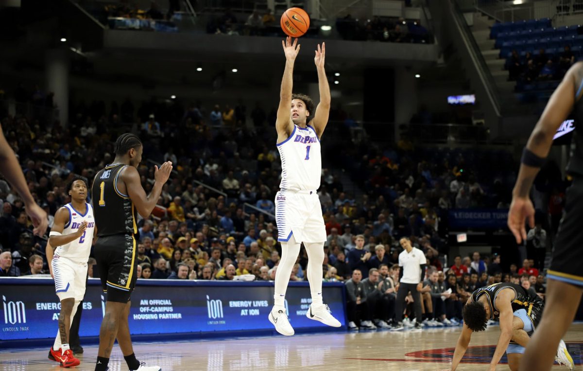 Isaiah Rivera shoots the ball during the second half on Tuesday, Jan. 14, 2025, at Wintrust Arena. DePaul made 37.5% of their three-pointers.