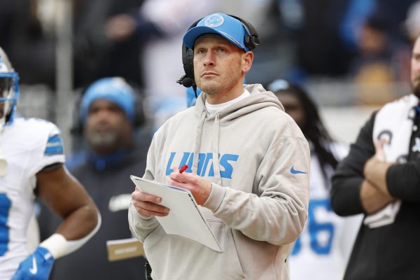 FILE - Detroit Lions offensive coordinator Ben Johnson looks on from the sidelines during the first half of an NFL football game against the Chicago Bears, Dec. 22, 2024, in Chicago. (AP Photo/Kamil Krzaczynski, File)