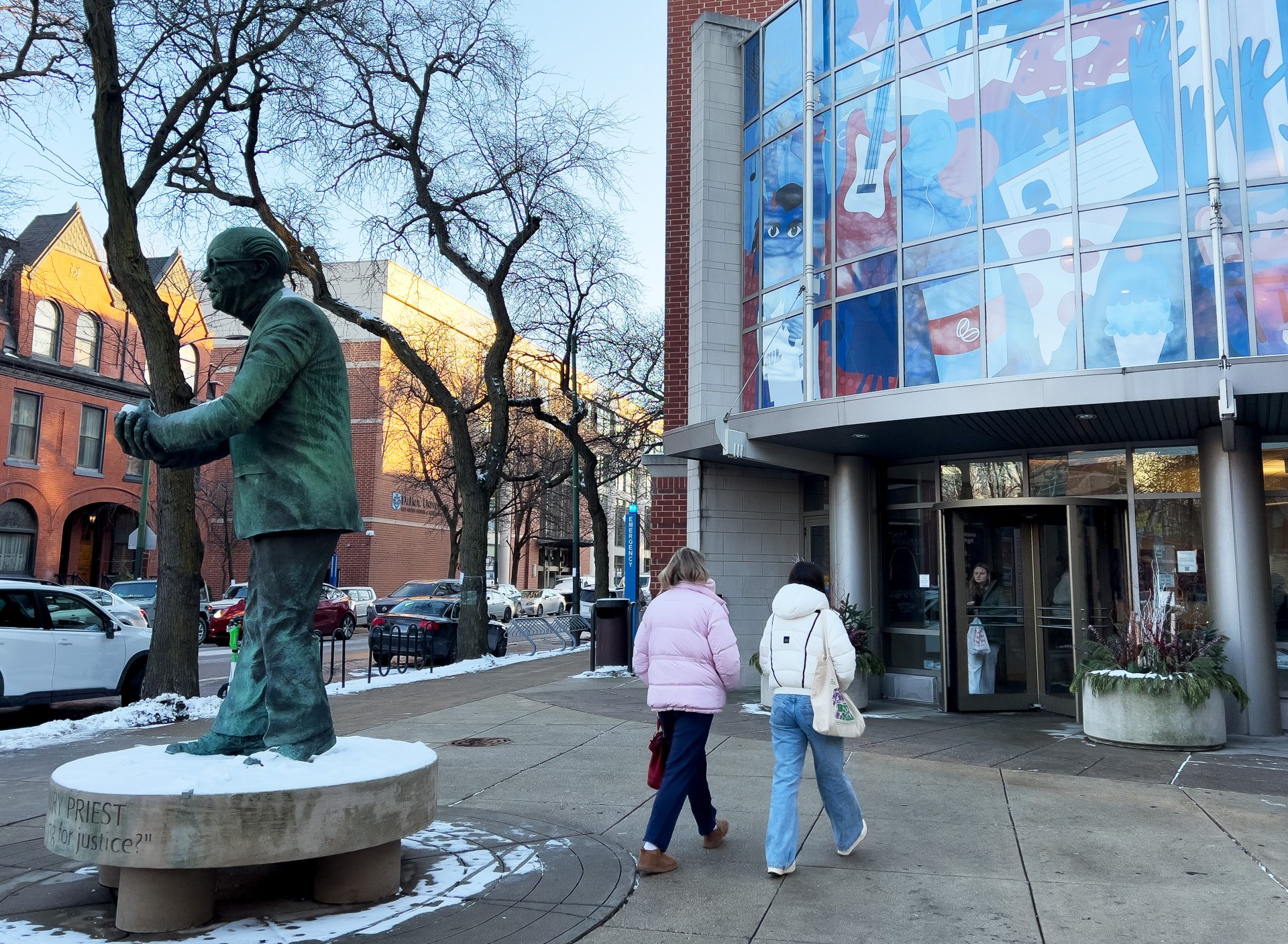 Two students walk into the Lincoln Park Student Center on Tuesday, Jan. 14, 2025. No ICE agents have been spotted on DePaul's campus, according to a DePaul spokesperson. 