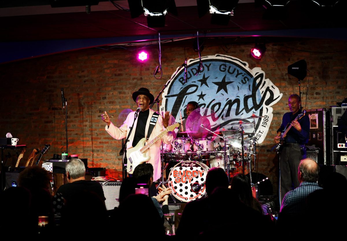 Buddy Guy sings in front of a polka dot drum at Buddy Guy’s Legends on Sunday, Feb 2, 2025. Guy has made polka dots a signature to honor the style of his mother. 