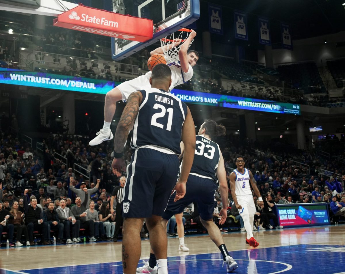 Troy D'Amico makes a slam dunk during DePaul's game against Butler on Saturday, Feb. 22, 2025, at Wintrust Arena. DePaul has only won two games against Big East conference opponents this season.