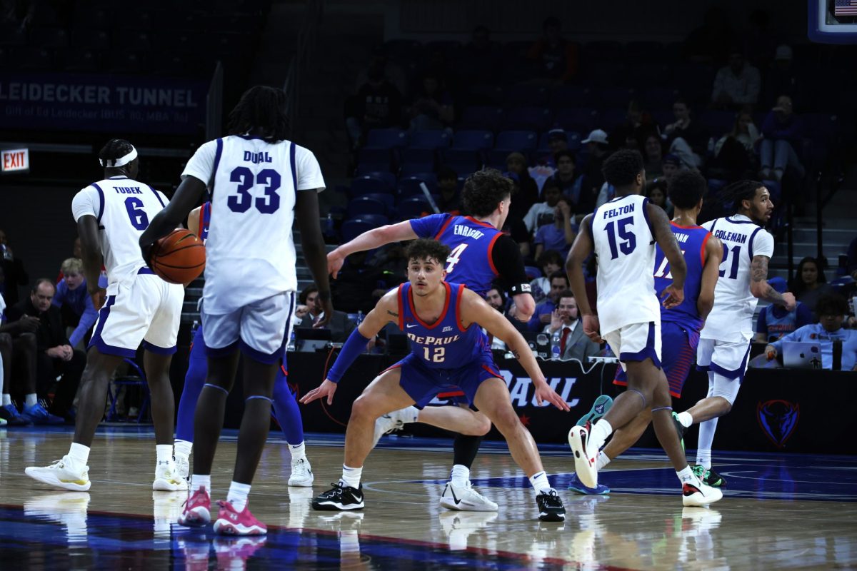 Jacob Meyer plays defense against Seton Hall during the second half at Wintrust Arena on Sunday, Feb. 2, 2025. Jacob Meyer averages 8.5 points per game against Big East opponents.