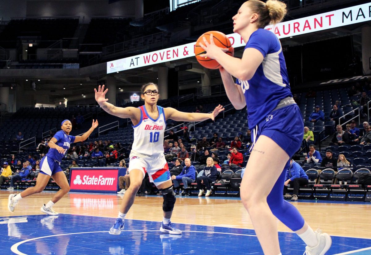 Haley Walker plays defense during the second half of the game against Seton Hall on Friday, Feb. 1, 2025. DePaul has only made 62% of their free throws so far.