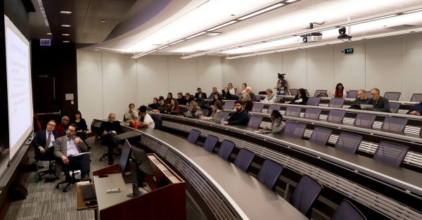 DePaul faculty convenes to discuss President Donald Trump's second term on Wednesday, Feb. 19, 2025, at Arts and Letters Hall. More than 150 people joined in person and over Zoom to listen to the panel.