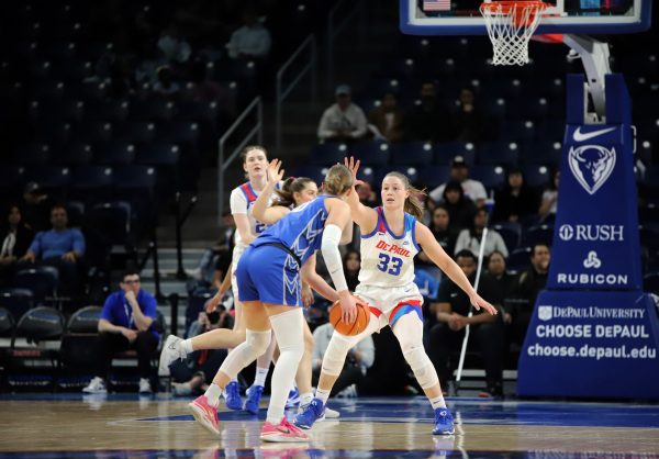 Jorie Allen blocks Creighton during the first half of their game on Sunday, Feb. 23, 2025, at Wintrust Arena. DePaul is on a two game losing streak.