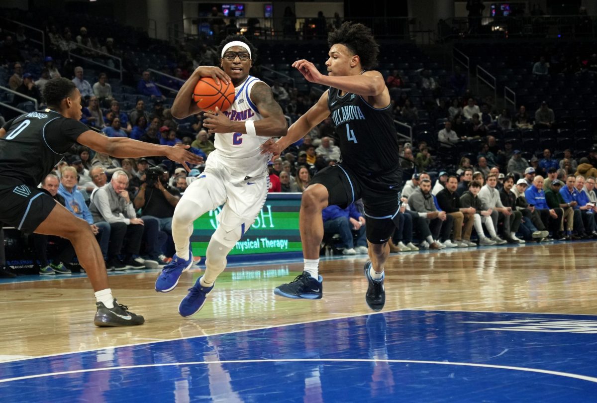 Layden Blocker moves around Villanova during the first half of their game on Wednesday, Feb. 5, 2025, at Wintrust Arena. Blocker started the game. 