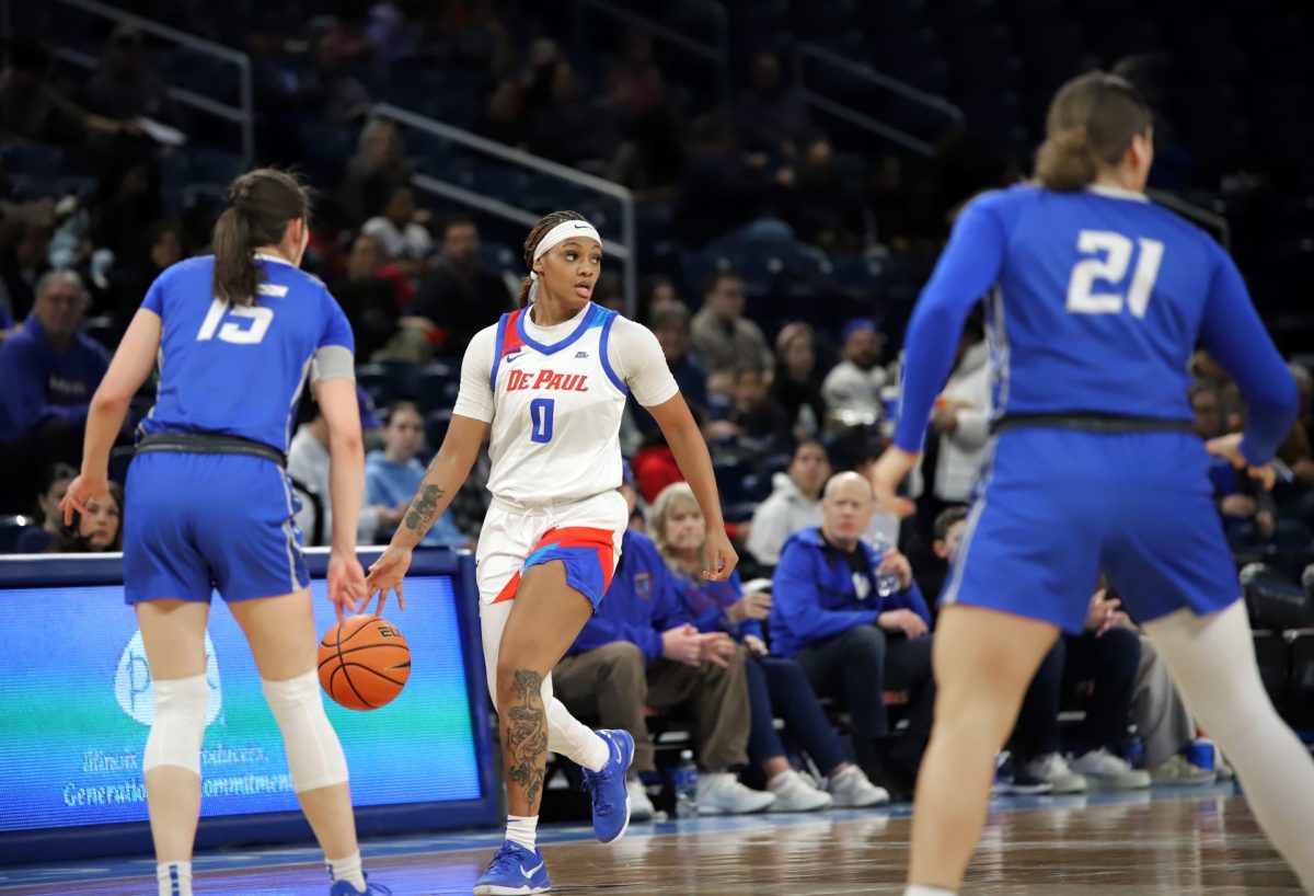 Taylor Johnson-Matthews looks for a pass on Sunday, Feb. 23, 2025, at Wintrust Arena. Johnson-Matthews started the game. 