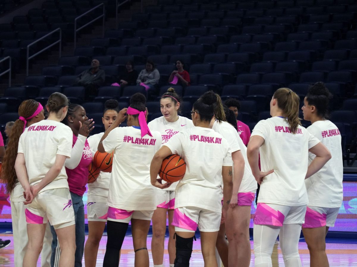 DePaul women's basketball meets before the start of their game against Villanova at Wintrust Arena on Wednesday, Feb. 12, 2025. DePaul has won two of their last five games.