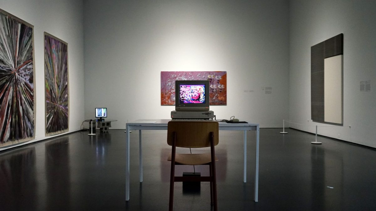 A video piece plays in the middle of a gallery at the Museum of Contemporary Art on Wednesday, Feb. 12, 2025. The exhibition runs until March 16, 2025.