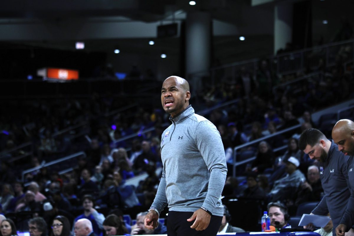 Seton Hall head coach Shaheen Holloway shouts from the bench during the first half on Sunday, Feb. 2, 2025. Seton Hall trailed behind DePaul in points during the first half.