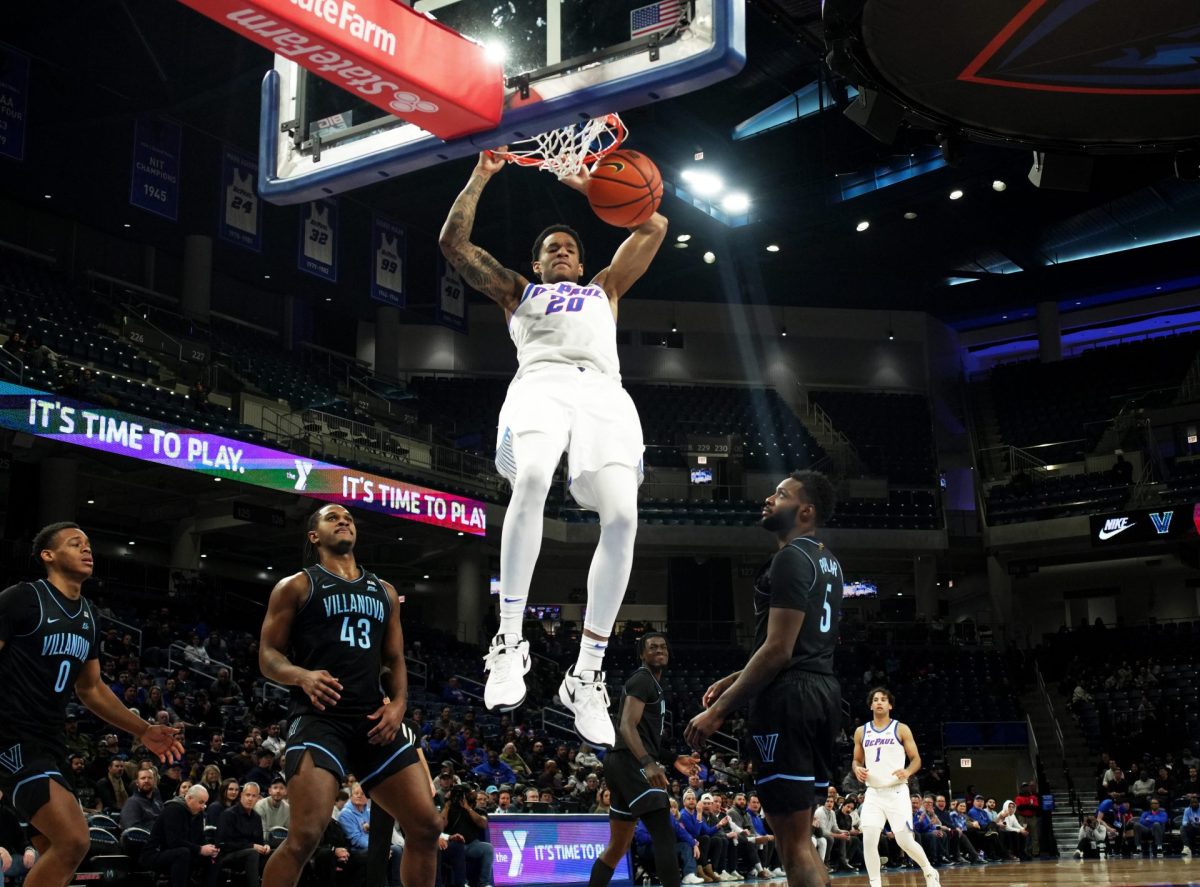 JJ Traynor dunks during the first half of DePaul's game against Villanova on Wednesday, Feb. 5, 2025, at Wintrust Arena. DePaul has only defeated the Wildcats once in the last 15 years.