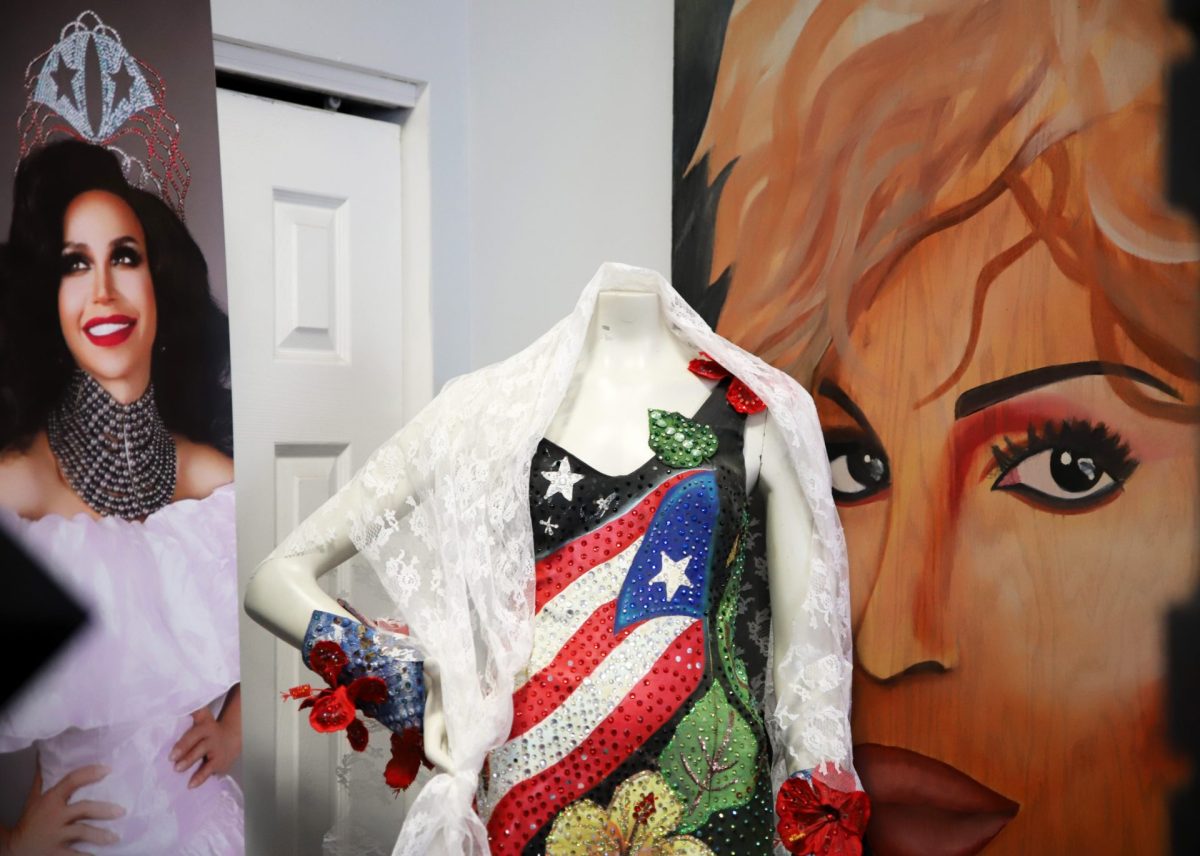 A maniac draped in the Puerto Rican flag is displayed at the Trans Chicago Empowerment Center on Feb. 8, 2025. The center occupies the same space as the Puerto Rican Cultural Center in Humboldt Park.