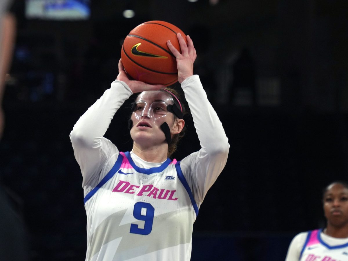 Meg Newman shoots the ball during the first half at Wintrust Arena on Wednesday, Feb. 12, 2025. Meg Newman got a season high 12 rebounds against Providence on Feb. 6.