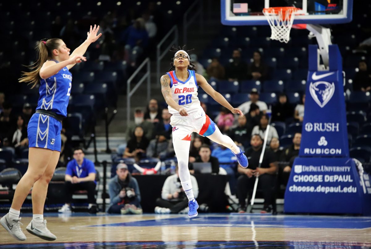 Shakara McCline passes the ball on Sunday, Feb. 23, 2025, at Wintrust Arena during the first half. DePaul averages 64.5 points per game.