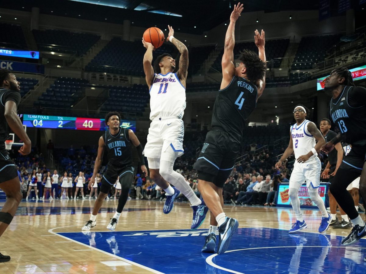 CJ Gunn puts up a shot during the second half on Wednesday, Feb. 5, 2025, at Wintrust Arena. Gunn’s fifth steal resulted in a missed turnaround jumper from the DePaul forward.