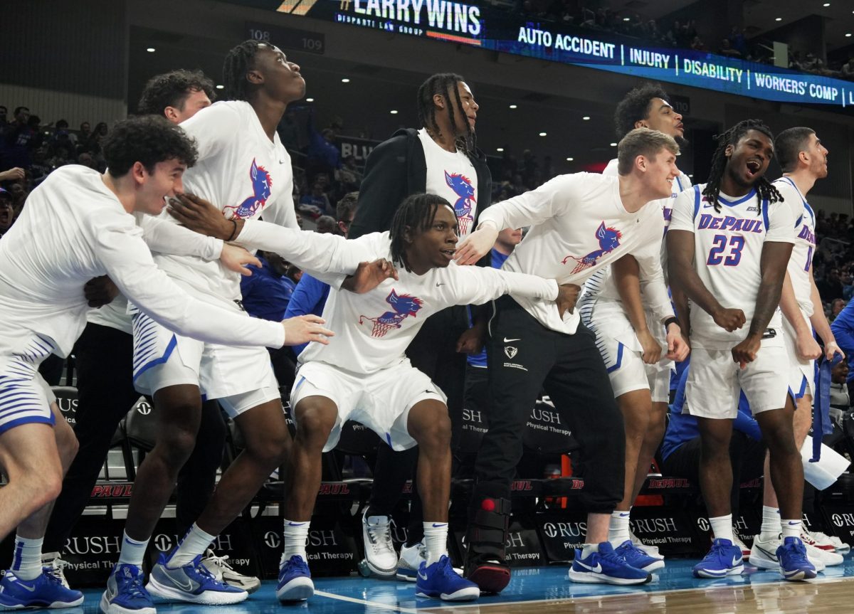 DePaul's men's basketball team celebrates on the bench during their game against Butler at Wintrust Arena on Saturday, Feb. 22, 2025. It was a close game, with a final score of 84-72, in favor of Butler. 