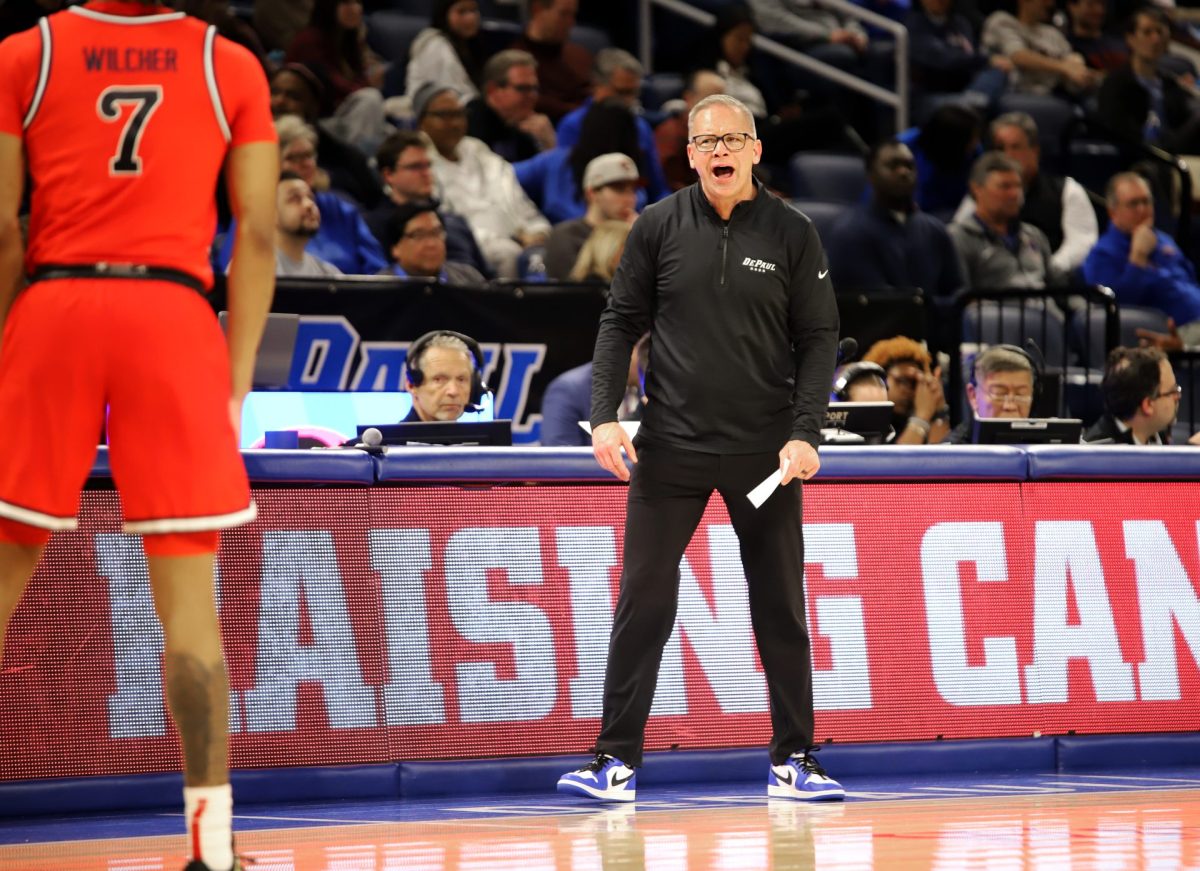 Chris Holtmann shouts at his team during the second half of DePaul's game on Wednesday, Feb. 19, 2025, at Wintrust Arena against St. Johns. The last time DePaul beat St. John’s was in the 2021-22 season.