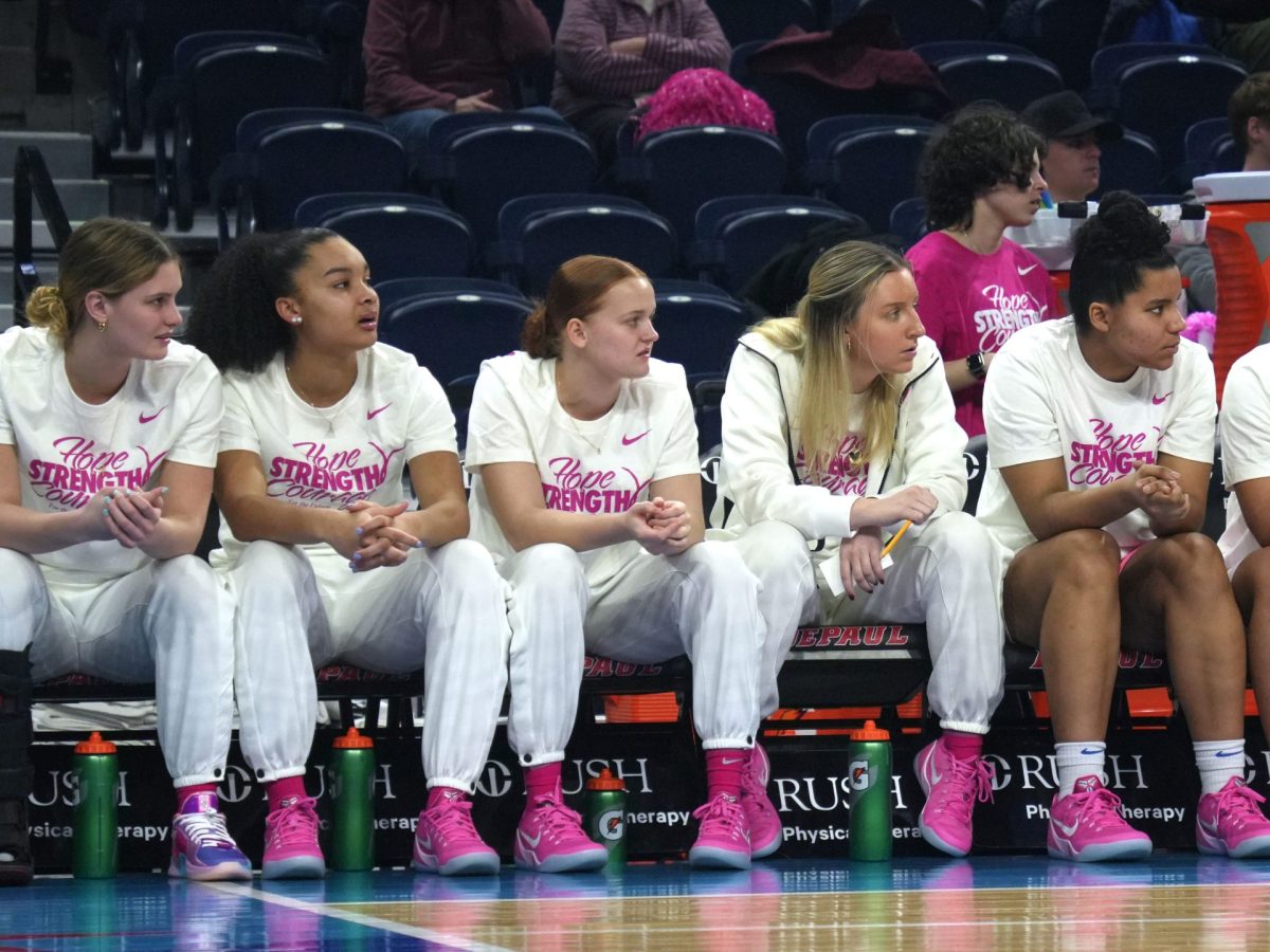 Members of the DePaul women's basketball team watches the game from the bench at Wintrust Arena on Wednesday, Feb. 12, 2025. The team lost to Villanova by six points.