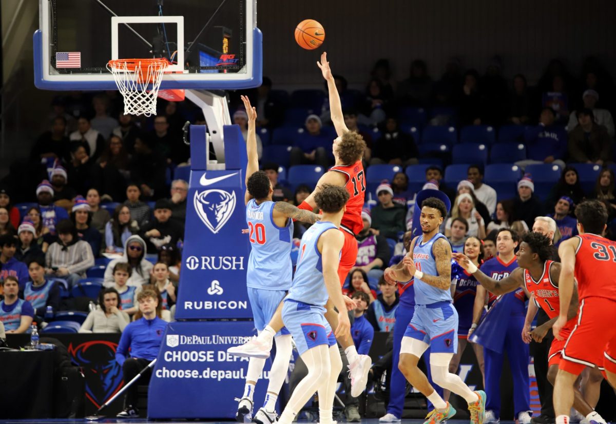 Ruben Prey puts up a shot on Wednesday, Feb. 19, 2025, at Wintrust Arena. St. Johns was shooting from 50% from the three and 45% from the field.