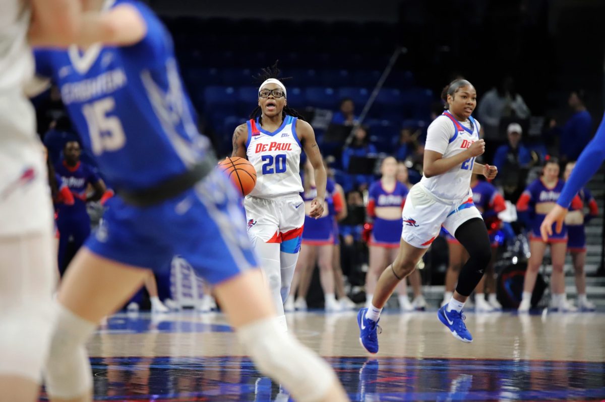 Shakara McCline dribbles down the court during the second half of the game on Sunday, Feb. 23, 2025, at Wintrust Arena. DePaul had 18 turnovers in the game, while Creighton only had eight.