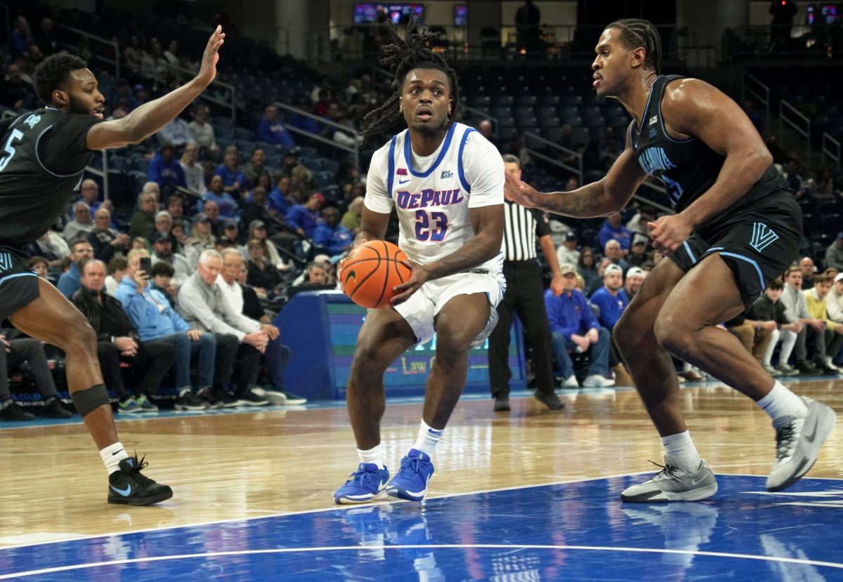 David Thomas looks for a pass while Villanova guards on Wednesday, Feb. 5, 2025, at Wintrust Arena. “But Coach (Holtmann) has been telling me, not even recently, but the whole season, just to stay ready," Thomas said.