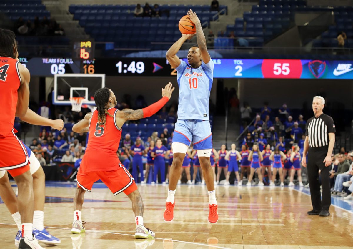 Chris Riddle shoots the ball during the second half on Wednesday, Feb. 19, 2025, at Wintrust Arena. " ... there’s not a doubt in my mind that DePaul will be back and the Big East will be better than ever,” St. Johns head coach Rick Pitino, said.