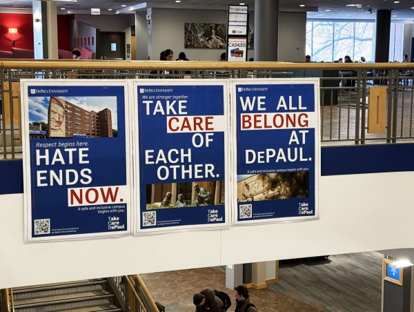 Refreshed Take Care DePaul banners hang on the bannister in the Lincoln Park Student Center on Monday, Feb. 17, 2025. The latest version of the long time campaign aims to address a nationwide rise in hate and resulting mental health crises.