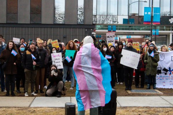 UIC junior Jane Webb speaks out against President Trump's ban on gender affirming care for minors at a rally held on Feb. 6, 2025. Webb came out as a trans woman publicly at the event in order to stand in solidarity with a myriad of other trans speakers at the event.