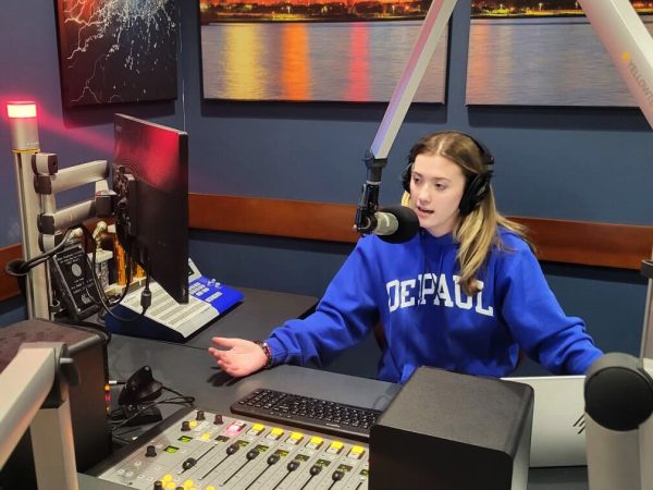 Ashley Mezewich speaks during her radio show "NBA Showtime" at Radio DePaul Sports on Wednesday, Feb. 19, 2025. Audio is getting bigger in the world of sports, with fans choosing to consume their content.