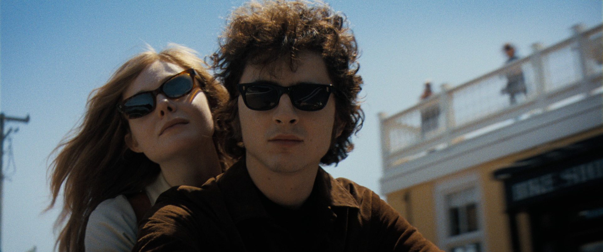 Timothée Chalamet as Bob Dylan and Elle Fanning as Sylvie Russo in "A Complete Unknown." Courtesy of Searchlight Pictures.