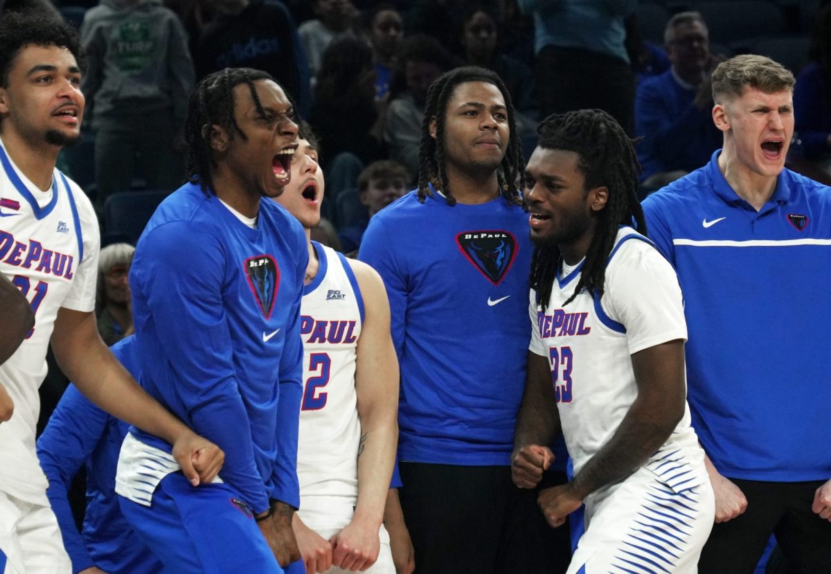 DePaul's men's basketball team celebrates their win on Saturday, March 8, 2025, at Wintrust Arena. The team will play in the Big East tournament on Wednesday, March 12. 