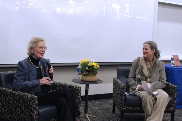 Former Irish President Mary Robinson speaks with DePaul Irish Studies program director Mary McCain at McGowan South on Feb. 28, 2025. Robinson is donating her personal literary collection to DePaul. 

