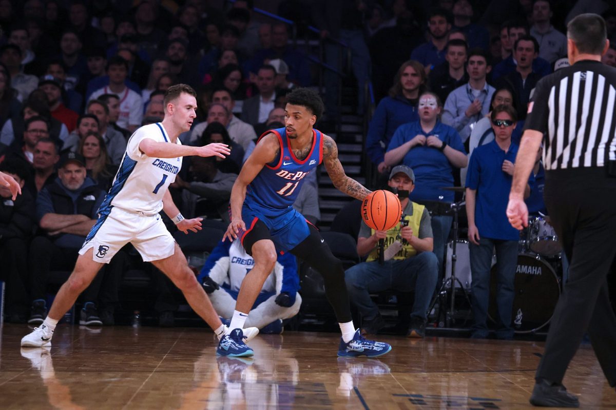 CJ Gunn defends the ball during the first half during DePaul's game against Creighton on Thursday, March 13, 2025, at Madison Square Garden. DePaul is in its second round of the Big East Tournament.