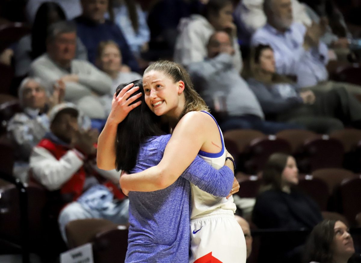 Jorie Allen hugs Jill Pizzotti after DePaul's Big East loss on Friday, March 7, 2025, at Mohegan Sun Arena. Allen has officially played her last game as a Blue Demon. 