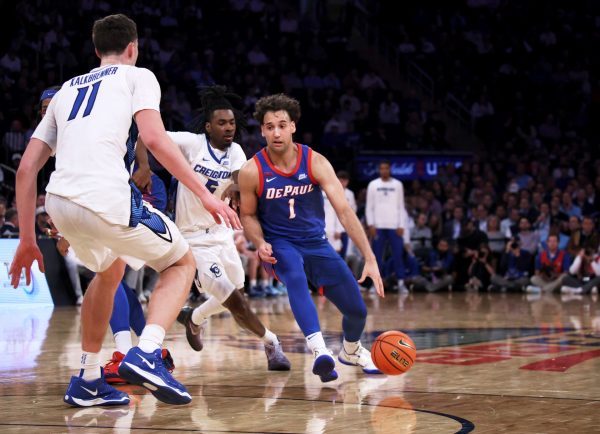 DePaul guard Isaiah Rivera slashes to the lane in the second half of DePaul's quarterfinals matchup against Creighton on Thursday, March 13, 2025, at Madison Square Garden in New York City. Rivera played all 50 minutes, scoring 17 points and collecting nine rebounds.