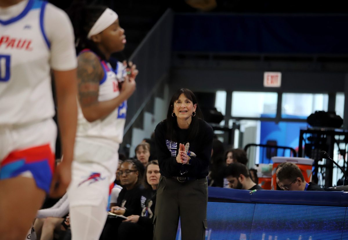 Jill Pizzotti cheers on DePaul from the sidelines on Sunday, March 2, 2025, at Wintrust Arena. DePaul is the sixth seed in the Big East conference.