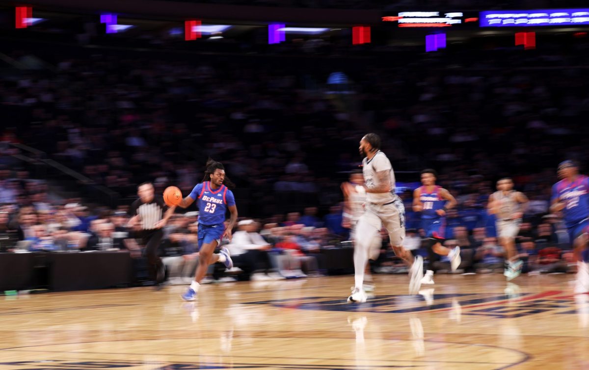 David Thomas makes his way down the court while Georgetown follow on Wednesday, March 12, 2025, at Madison Square Garden. By halftime, Thomas had three fouls. 