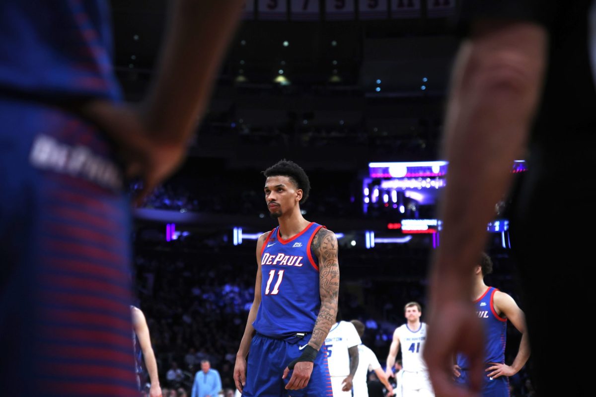 CJ Gunn waits between plays during the second half on Thursday, March 13, 2025, at Madison Square Garden. Gunn fouled out shortly before overtime.